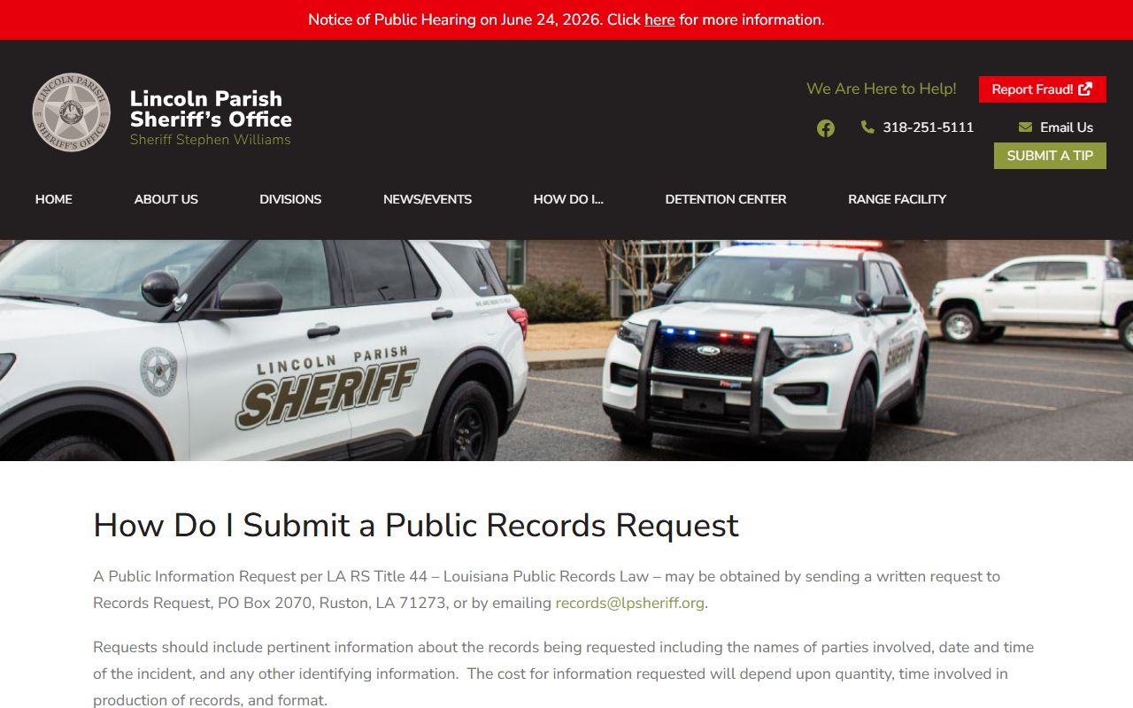 Lincoln Parish Sheriff's Office public records request instructions