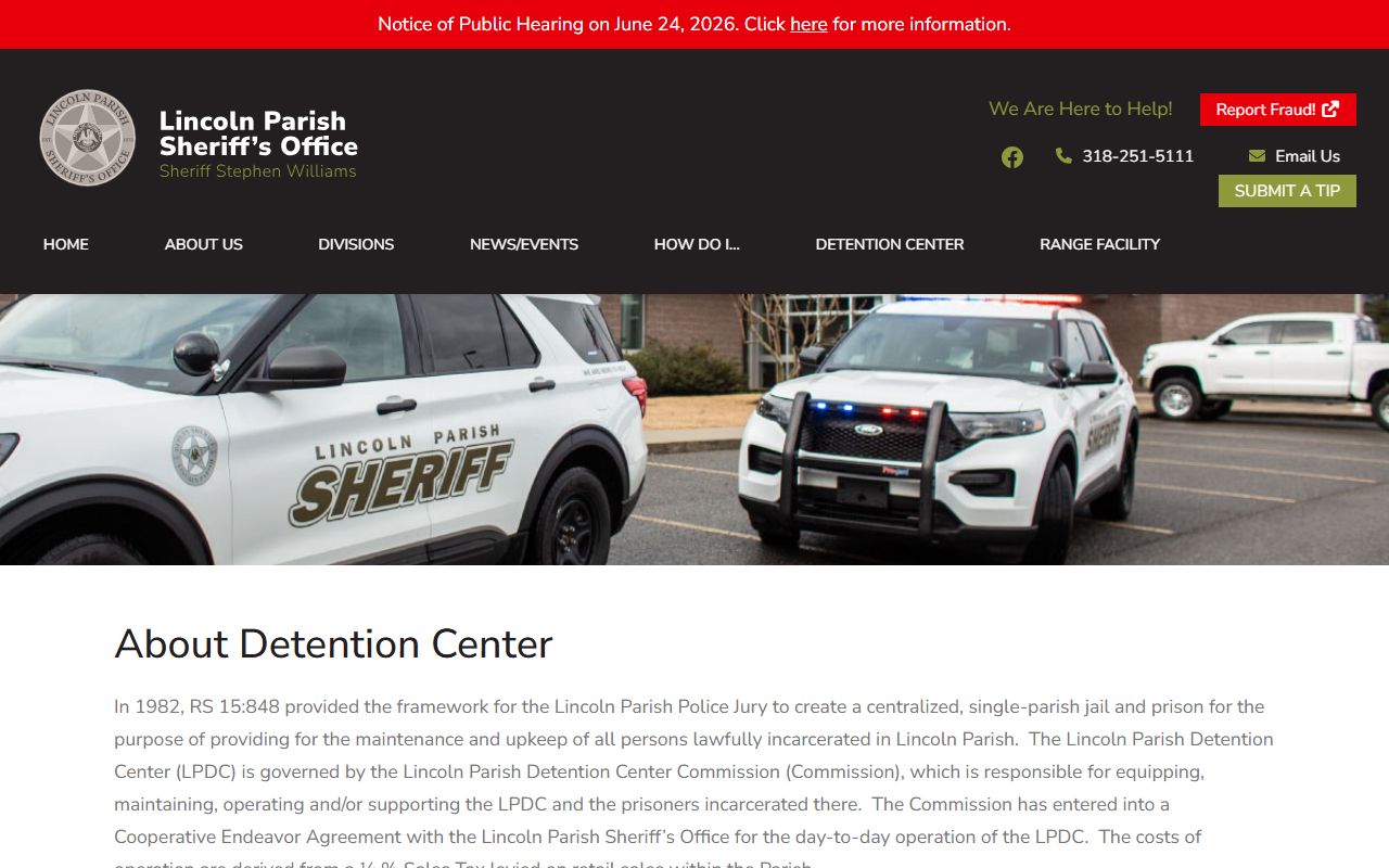 Lincoln Parish Detention Center official about page with governance and contact information