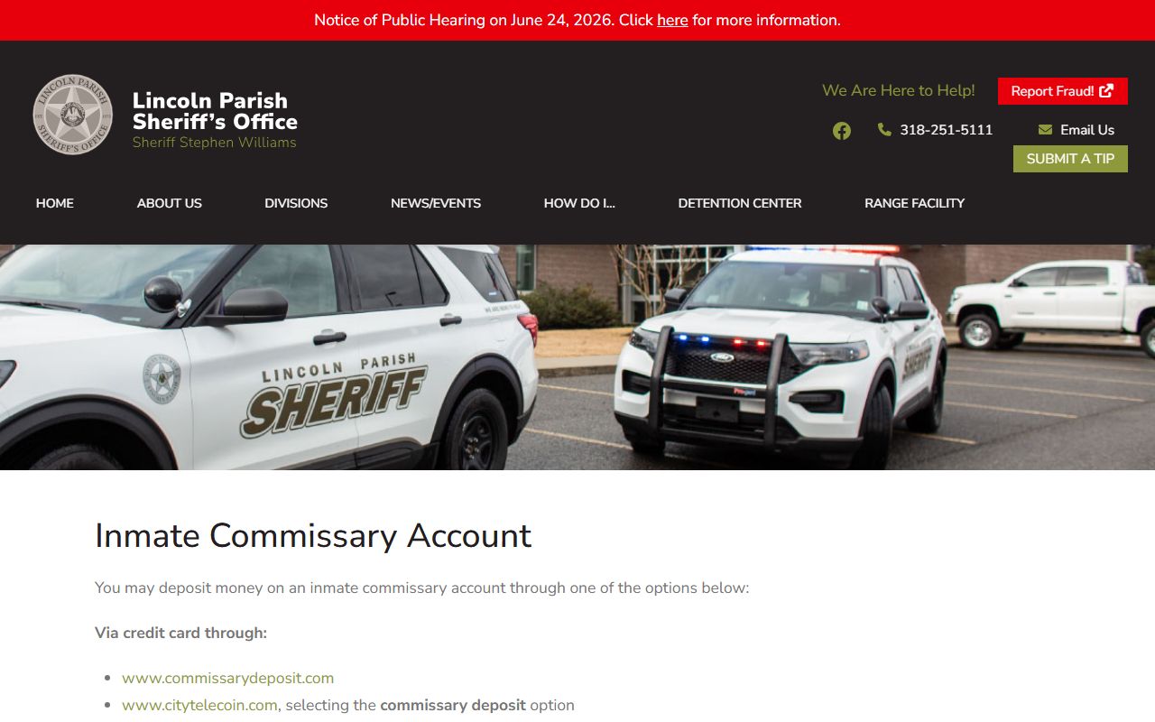 Lincoln Parish Detention Center commissary deposit options
